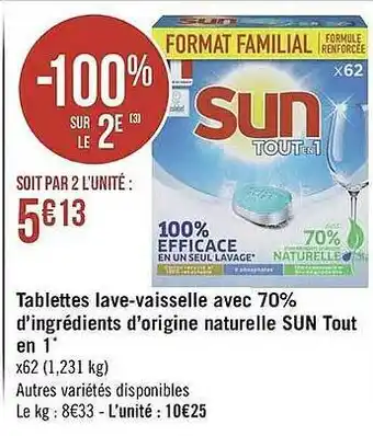 Géant Casino Tablettes Lave-vaisselle Avec 70% D'ingrédients D'origine Naturelle Sun Tout En 1 offre