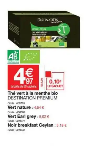 Promocash Thé Vert à La Menthe Bio Destination Premium offre