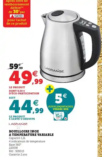 Hyper U Bouilloire inox a temperature variable offre