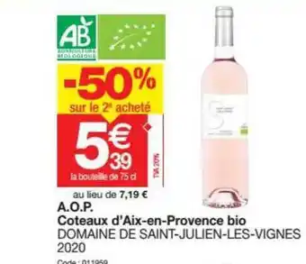 Promocash A.o.p. Coteaux D'aix-en-provence Bio Domaine De Saint-julien-les-vignes 2020 offre