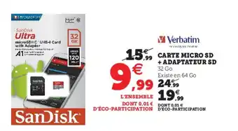 Hyper U Carte Micro SD + Adaptateur SD offre