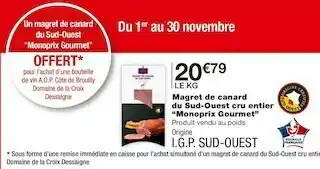 Monoprix Monoprix magret de canard du sud-ouest cru entier offre