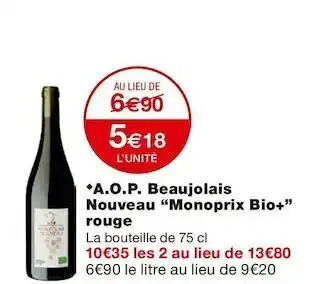 Monoprix bio+ a.o.p. beaujolais nouveau rouge