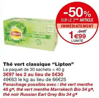 Monoprix Lipton thé vert classique offre