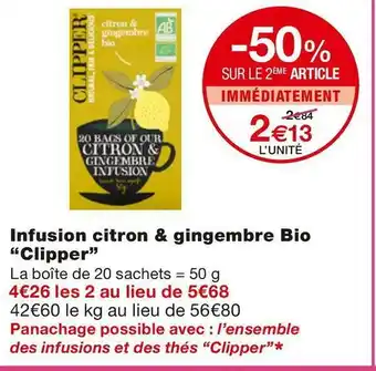 Monoprix Clipper infusion citron & gingembre bio offre