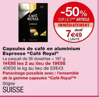 Monoprix Café royal capsules de café en aluminium espresso offre