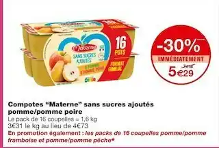 Monoprix Materne compotes sans sucres ajoutés pomme/pomme poire offre