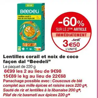 Monoprix Beedeli lentilles corail et noix de coco façon dal offre