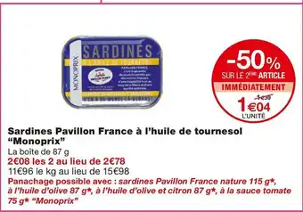 Monoprix Monoprix sardines pavillon france à l’huile de tournesol offre