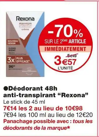 Monoprix Rexona déodorant 48h anti-transpirant offre
