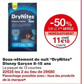 Monoprix Drynites sous-vêtement de nuit disney garçon 8-15 ans offre