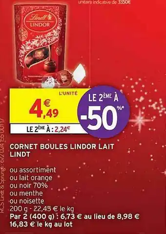 Intermarché Hyper Cornet Boules Lindor Lait Lindt offre