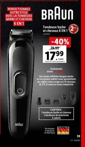 Lidl Tondeuse Barbe Et Cheveux 6 En 1 Braun offre