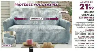 Shopix Housse Chenille Extensible Grise Fauteuil Canapé 2 Places Canapé 3 Places offre