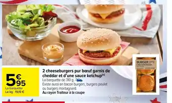 Carrefour 2 Cheeseburgers Pur Boeuf Garnis De Cheddar Et D'Une Sauce Ketchup offre