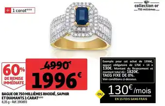 Auchan Bague or 750 millièmes rhodié, saphir et diamants 1 carat offre