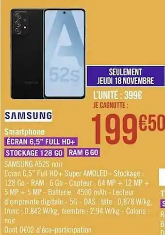 Géant Casino Smartphone Samsung A52s Noir offre