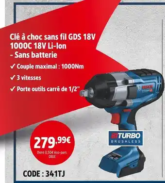 Screwfix Bosch Clé à choc sans fil GDS 18V 1000C 18V Li-Ion offre