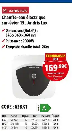 Screwfix Ariston Chauffe-eau électrique sur-évier 15L Andris Lux offre