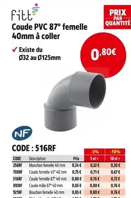 Screwfix Coude PVC 87° femelle 40mm à coller offre