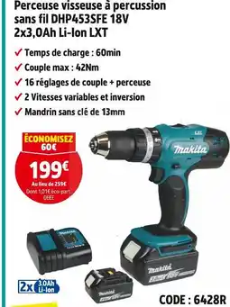 Screwfix Makita Perceuse visseuse à percussion sans fil DHP453SFE 18V 2x3,0Ah Li-Ion LXT offre