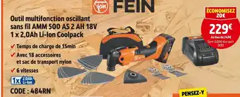 Screwfix FEIN Outil multifonction oscillant sans fil AMM 500 AS 2 AH 18V 1 x 2,0Ah Li-Ion Coolpack offre