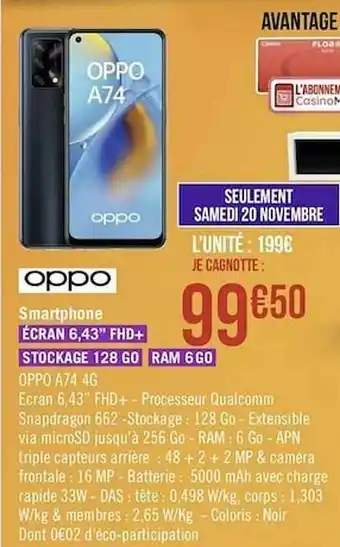 Géant Casino Smartphone Oppo A74 4g offre