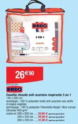 Migros Dodo - couette chaude anti-acariens respirante 3 en 1 offre