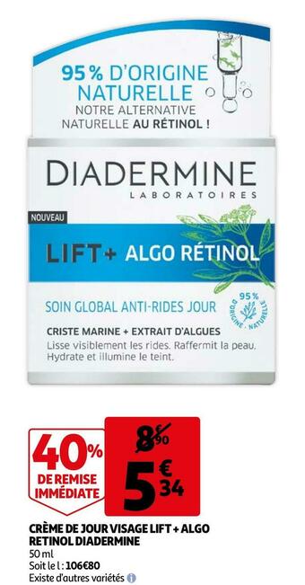 Auchan Diadermine crème de jour visage lift + algo retinol offre