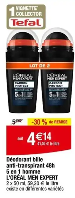 Carrefour L'ORÉAL MEN EXPERT Déodorant bille anti-transpirant 48h 5 en 1 homme offre