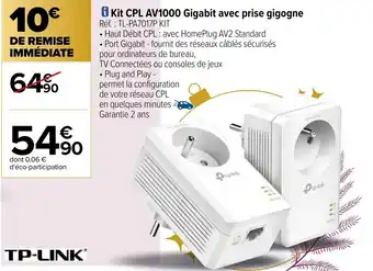 Carrefour Kit CPL AV1000 gigabit avec prise gigogne offre