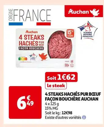 Auchan Supermarché Auchan 4 Steaks Hachés Pur Bœuf Façon Bouchère offre