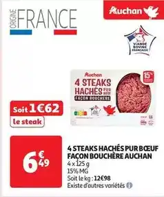 Auchan Auchan - 4 steaks hachés pur boeuf façon bouchère offre