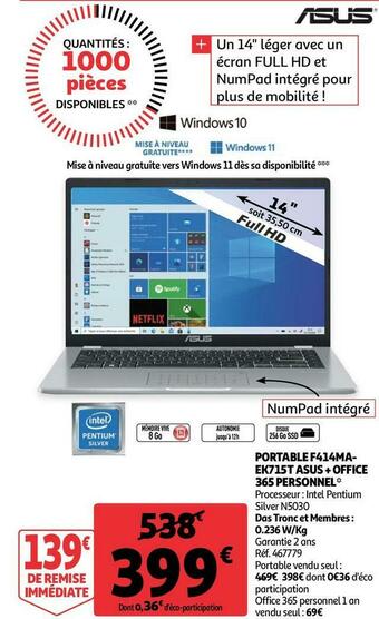 Asus portable f414maek715t + office 365 personnel