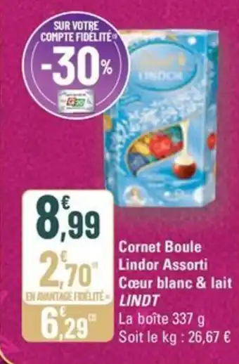 G20 LINDT Cornet Boule Lindor Assorti Cœur blanc & lait offre