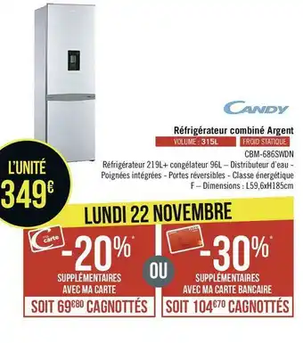 Géant Casino Candy réfrigérateur combiné argent offre