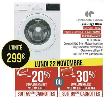 Géant Casino Continental edison lave-linge blanc offre
