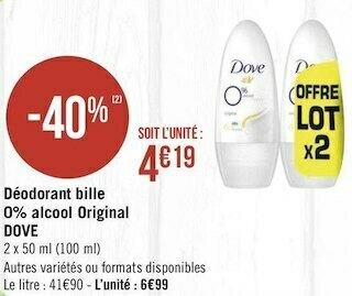 Dove déodorant bille 0% alcool original