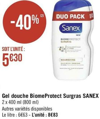 Géant Casino Sanex gel douche biomeprotect surgras offre