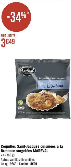 Géant Casino Mareval coquilles saint-jacques cuisinées à la bretonne surgelées offre