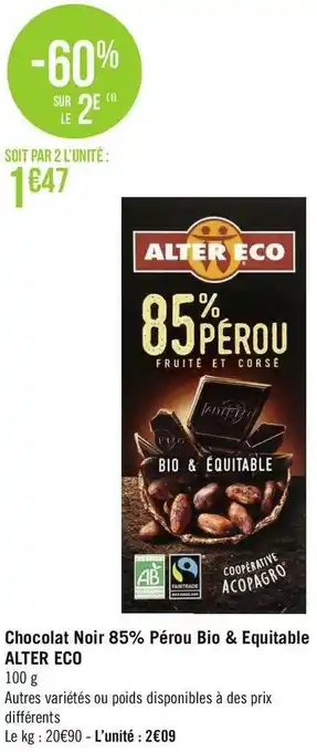 Géant Casino Alter eco chocolat noir 85% pérou bio & equitable offre