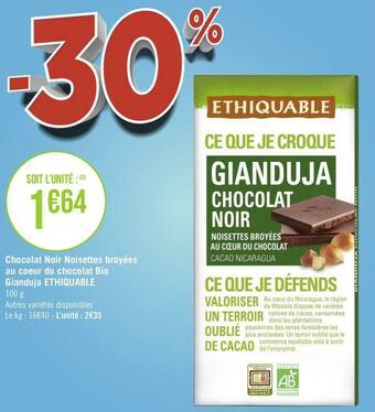 Géant Casino Ethiquable chocolat noir noisettes broyées au coeur du chocolat bio gianduja offre