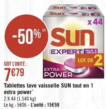 Géant Casino Sun tablettes lave vaisselle tout en 1 extra power* offre
