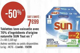 Géant Casino Sun tablettes lave-vaisselle avec 70% d’ingrédients d’origine naturelle tout en 1* offre