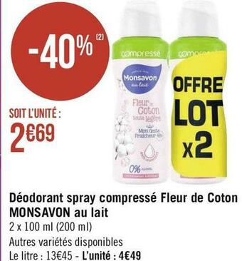 Monsavon déodorant spray compressé fleur de coton au lait