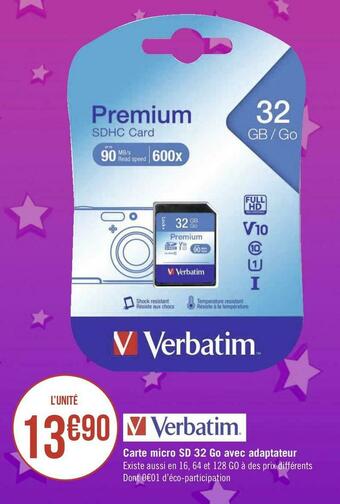 Géant Casino Verbatim carte micro sd 32 go avec adaptateur offre