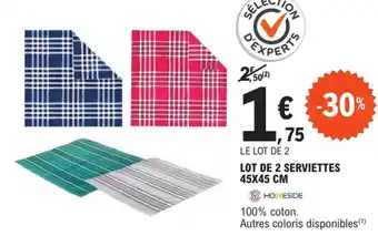 E.Leclerc HOMESIDE Lot de 2 serviettes 45x45 cm offre