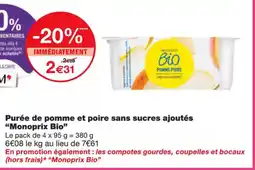 Monoprix MONOPRIX BIO Purée de pomme et poire sans sucres ajoutés offre