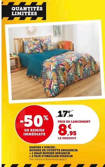 Super U Parure 4 pièces housse de couette 200x200cm + 1 drap housse 90x190cm + 2 taie d'oreiller 63x63cm offre