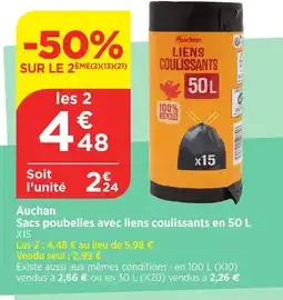 Bi1 AUCHAN Sacs poubelles avec liens coulissants offre